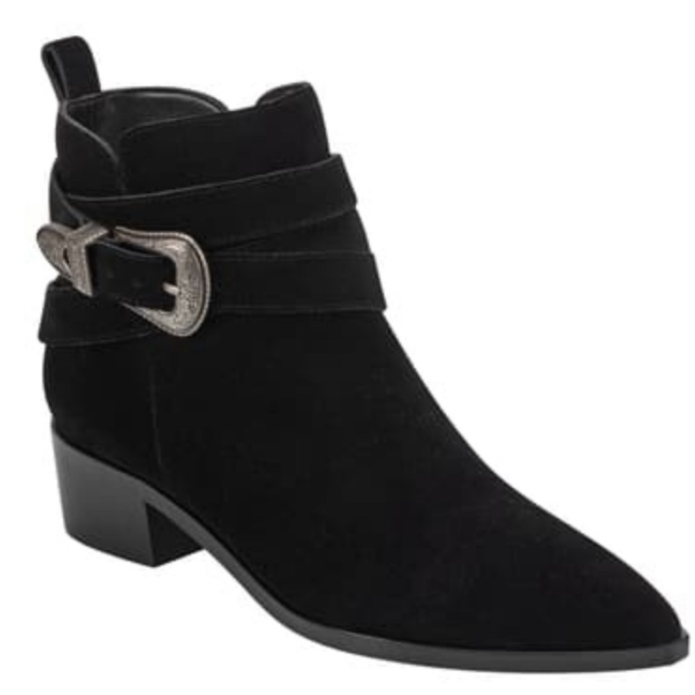 Black Suede Ankle Bootie with Western Buckle Marc Fisher